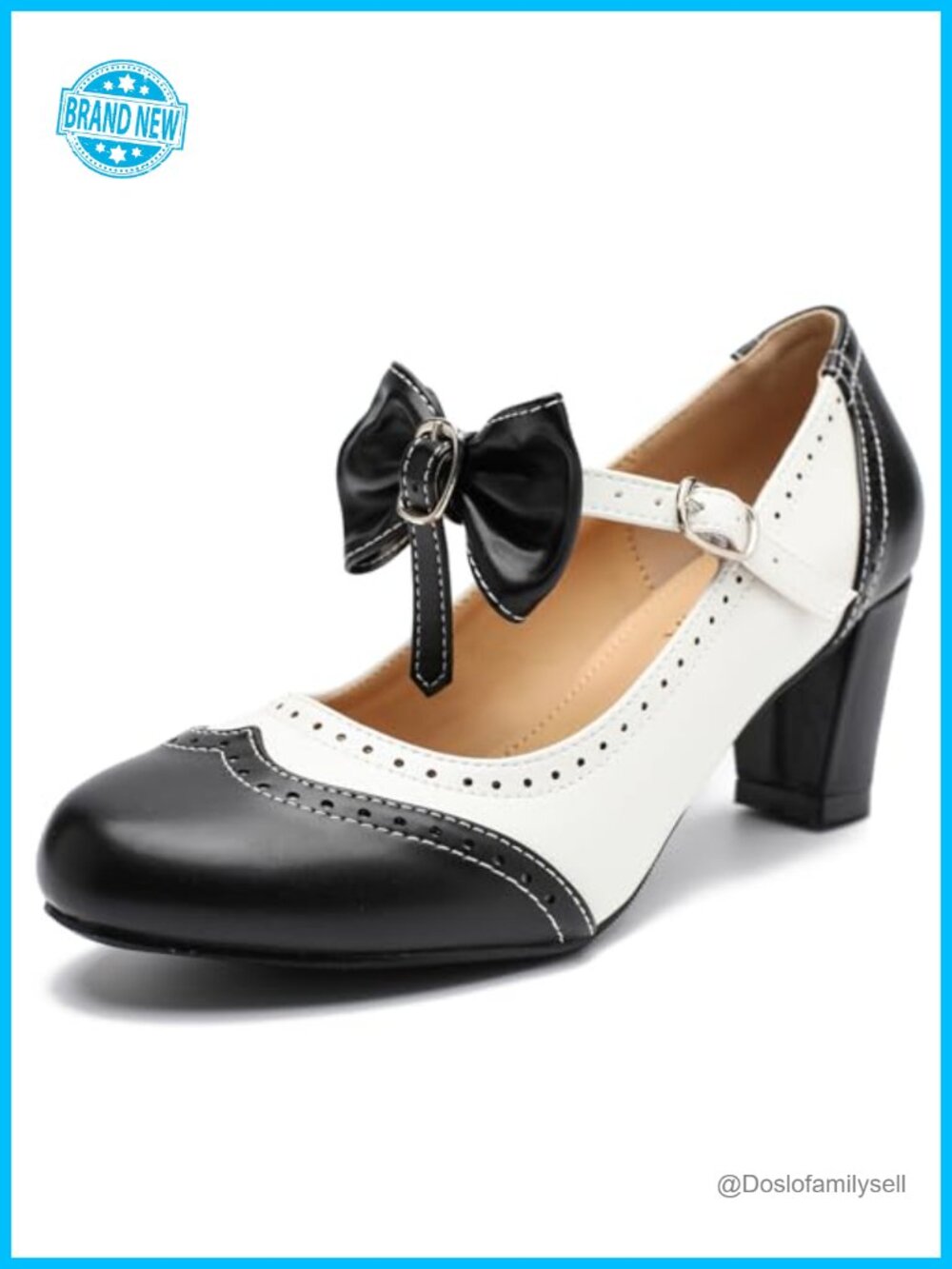 Vintage Two-Tone Bow Mary Jane Pumps Chunky Heel Dress Shoes